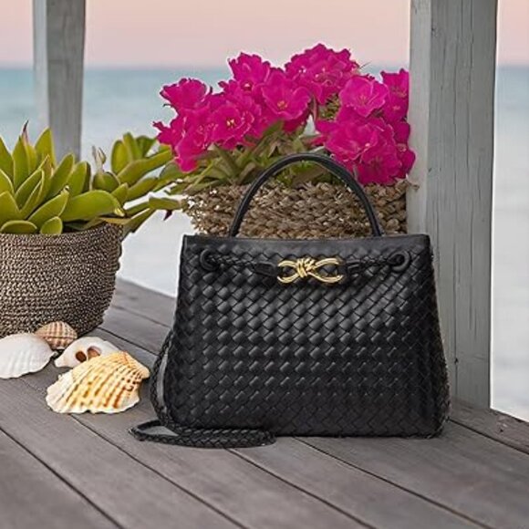 Neiman Marcus Vegan Leather Black Knot Twist Woven Bag - Picture 1 of 4